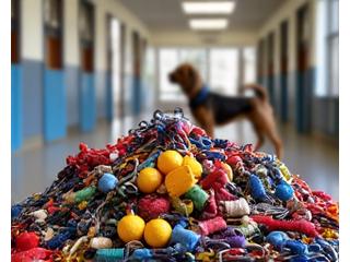 A large pile of dog toys, collars, and leashes donated to a shelter, representing exceeding donation goals