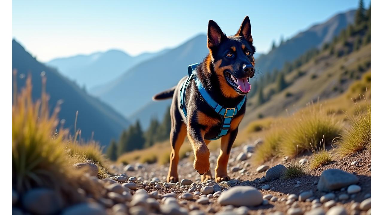 Large, muscular dog, possibly a German Shepherd or Rottweiler hybrid, confidently navigating a rocky trail with a durable, anti-pull harness and leash. The dog is looking ahead, focused and happy. Behind it, a scenic, rugged mountain landscape under a clear sky. The gear looks robust and comfortable on the dog.