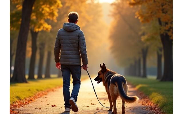 Owner and dog practicing loose-leash walking in a park