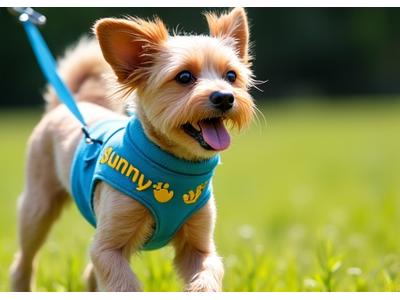 Vibrant blue dog leash with yellow paw print pattern and an embroidered name 'Sunny'.